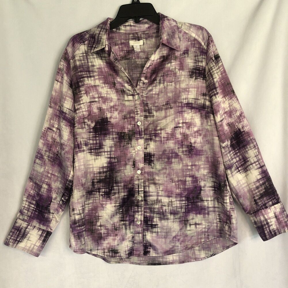 Chico's Purple & Silver Long-Sleeve Button-Up Women's Silky Blouse Shirt Size L